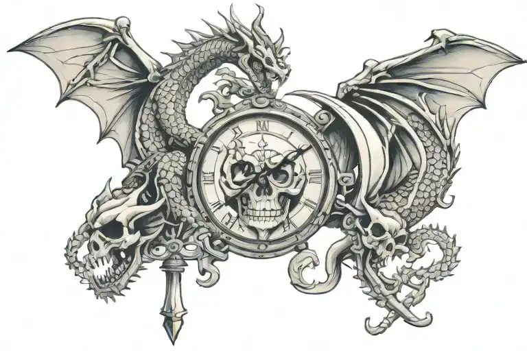Dragon, Moon, clock, skull and sword tattoo design idea