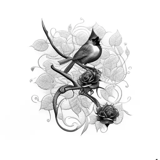 A vibrant red cardinal surrounded by a swirling rose vine tattoo design idea