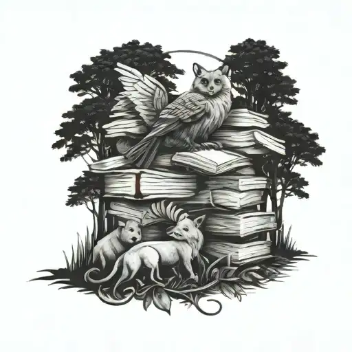 A detailed tattoo of a spiritual animal guide leading the way through a forest of books, representing the journey of exploration and discovery through reading tattoo design idea