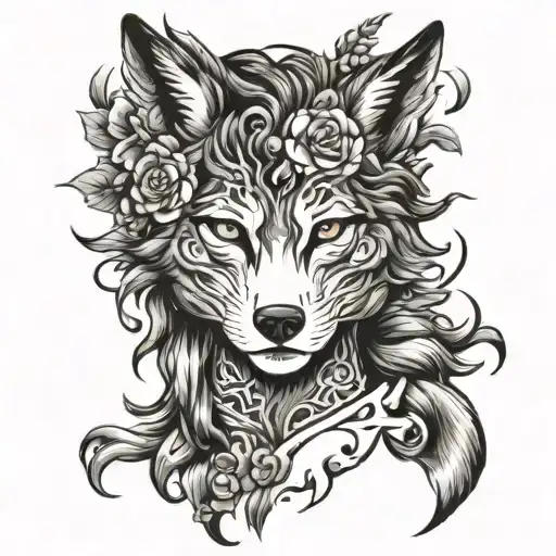 wolf head women face  tattoo design idea