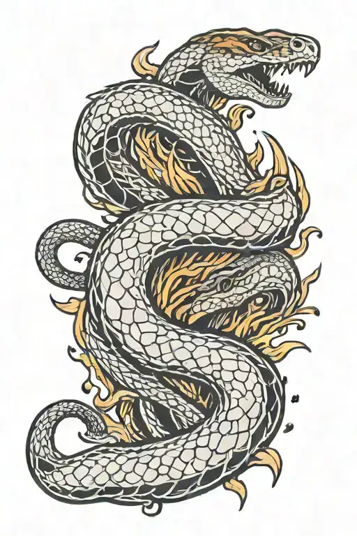 a blade in fire that bends around a snake tattoo design idea