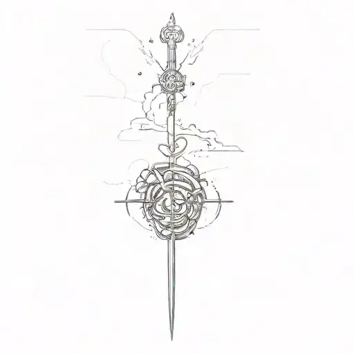 sword cross heart and brain flashes tattoo design idea