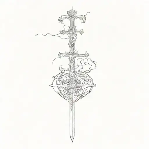 sword cross heart and brain  tattoo design idea