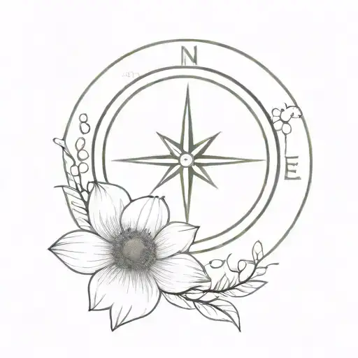 A minimalist design of a compass and anemone flower tattoo design idea