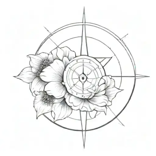A minimalist design of a compass and anemone flower intertwined, symbolizing a seaman's love for travel and nature tattoo design idea