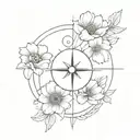 A minimalist design of a compass and anemone flower tattoo design idea