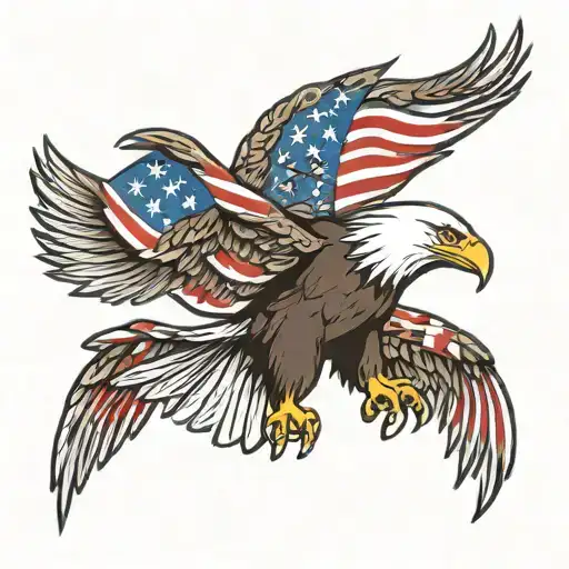 bald eagle wings spread with American flag waving tattoo design idea