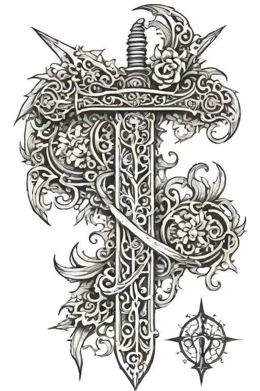 sword down spine with "manifestation" as part of sword tattoo design idea