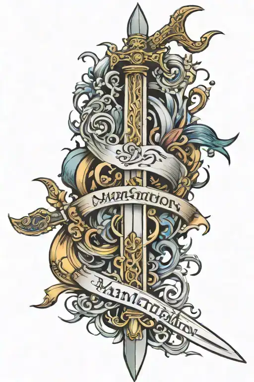 sword down spine with word "manifestation" as part of sword tattoo design idea
