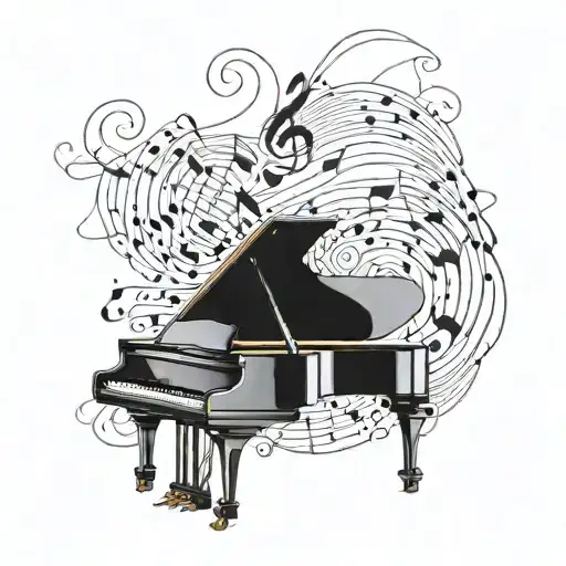 An intricate blackwork design of a grand piano with musical notes floating around it tattoo design idea