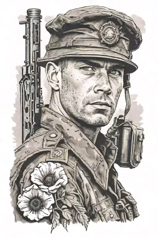 A realistic portrait of a soldier in uniform, holding a rifle with a poppy flower in the background tattoo design idea