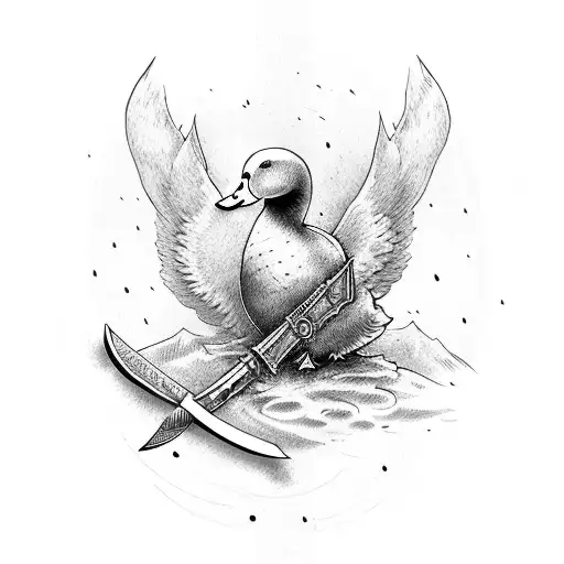 a duck with a sword and night armor sitting on a tank tattoo design idea