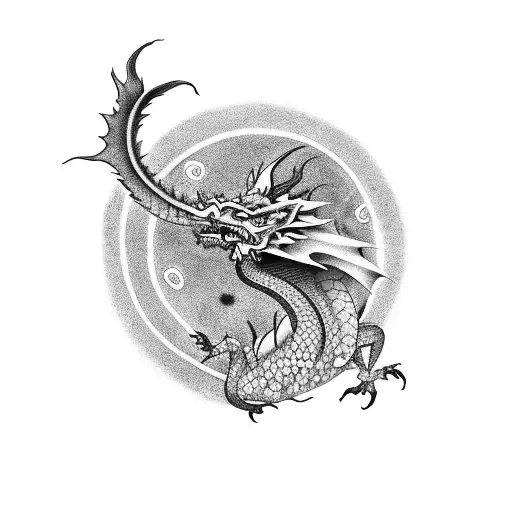 Create a detailed black and grey tattoo of a dragon surrounded by red circles and black clouds, inspired by traditional Japanese art tattoo design idea