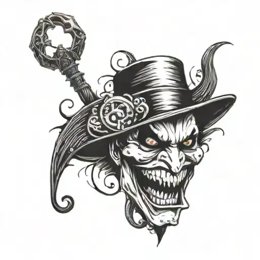 joker from Batman, scorpions , hamsa hand, evil eye, yin yang, fishing motorcycle,  tattoo design idea