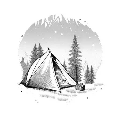 A camping scene with a roaring fire and a tent nestled among tall trees tattoo design idea