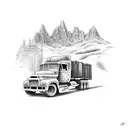 A powerful truck driving through a scenic mountain road tattoo design idea