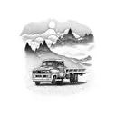 A powerful truck driving through a scenic mountain road tattoo design idea