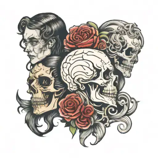 Janus with a woman face looking to the futre and a skull loooking to the past. In old school style  tattoo design idea
