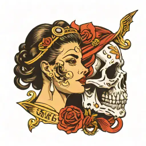 Janus with a woman face looking to the futre and a skull loooking to the past. sailor jerry style tattoo design idea