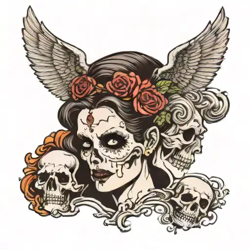 Janus with a woman face looking to the futre and a skull loooking to the past. In old school style tattoo design idea