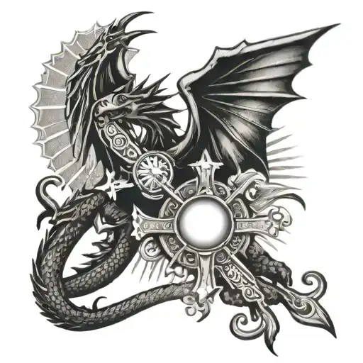 Catholic cross with dragon and filipino sun of the flag tattoo design idea