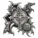 Catholic cross with dragon and filipino sun moon stars tattoo design idea