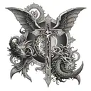 Catholic cross with dragon and filipino sun moon stars tattoo design idea