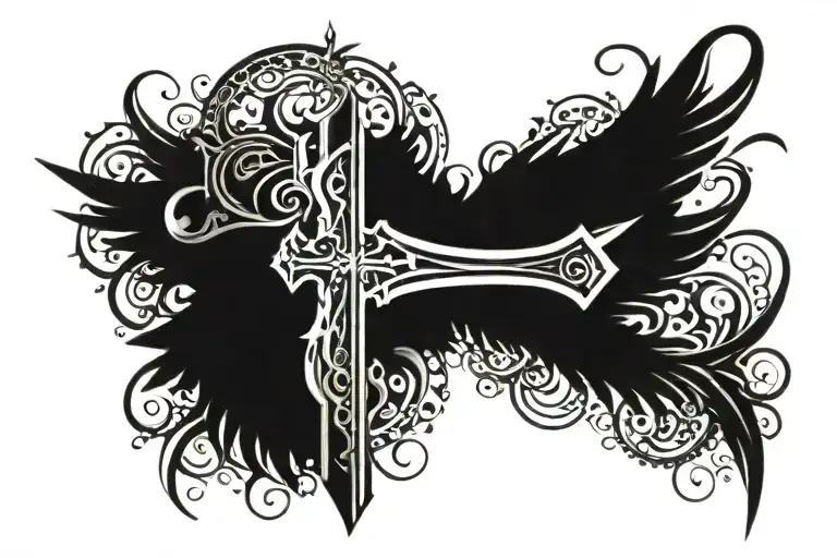 metalic tribal razor blade affliction style cross angel wings  tattoo design idea