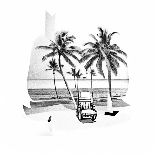A barber's chair on the beach, surrounded by palm trees and waves tattoo design idea