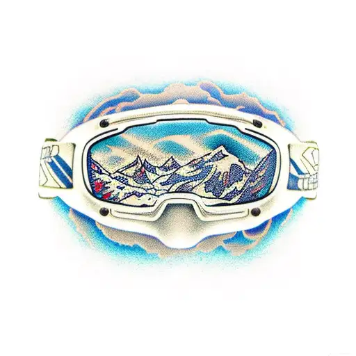 snowboarding goggles with mountain range reflected in them tattoo design idea