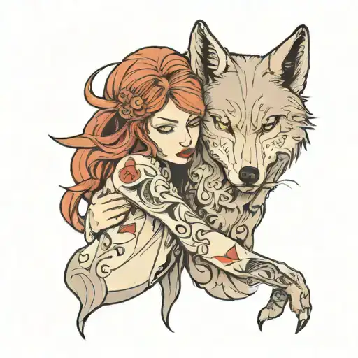 The wolf who is hugging the girl he is afraid of tattoo design idea