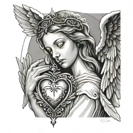 A guardian angel holding a sacred heart while looking into a female eye tattoo design idea