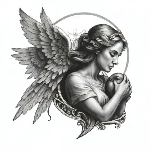 A guardian angel holding a sacred heart while looking into a female eye, tattoo desgin, half sleeve for arm  tattoo design idea