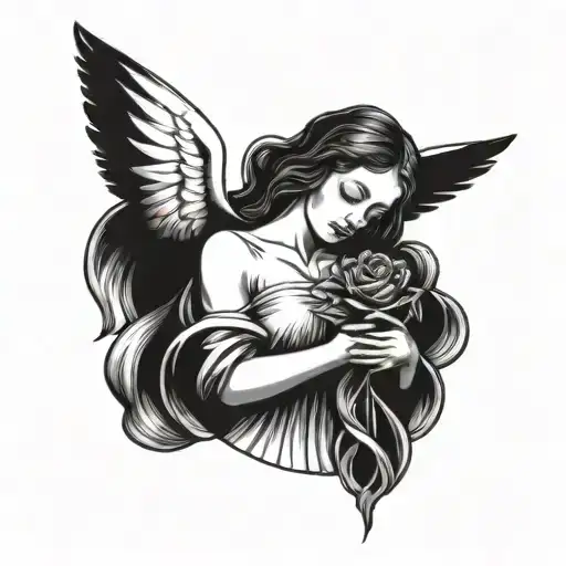 An angel holding a Sacred heart in one hand and a rose in the other, with a female eye watching over them tattoo design idea