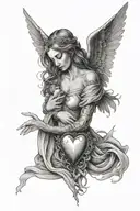 A guardian angel holding a sacred heart while looking into a female eye, tattoo desgin, half sleeve for arm  tattoo design idea