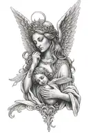 A guardian angel holding a sacred heart while looking into a female eye, tattoo desgin, half sleeve for arm  tattoo design idea
