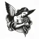 An angel holding a Sacred heart in one hand and a rose in the other, with a female eye watching over them tattoo design idea