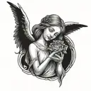 An angel holding a Sacred heart in one hand and a rose in the other, with a female eye watching over them tattoo design idea