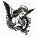 An angel holding a Sacred heart in one hand and a rose in the other, with a female eye watching over them tattoo design idea