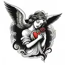 An angel holding a Sacred heart in one hand and a rose in the other, with a female eye watching over them tattoo design idea