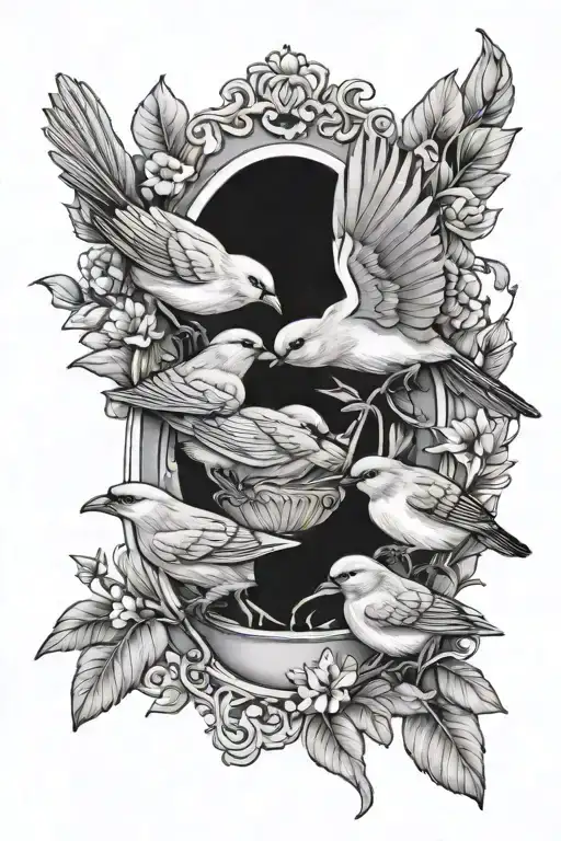mother and father bird feeding 4 baby birds tattoo design idea