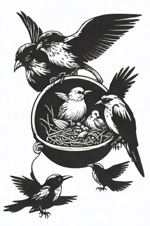 mother and father bird feeding 4 baby birds tattoo design idea