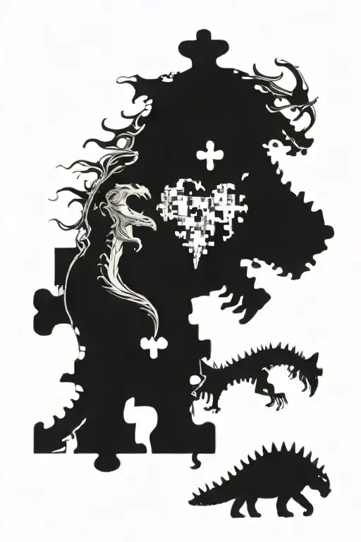 heart made of puzzle pieces with 2 missing pieces. one of a dinosaur and the other a unicorn  tattoo design idea