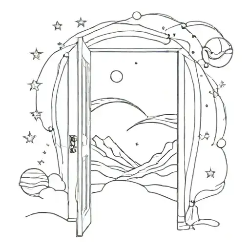 An open door leading to another dimension with stars and planets tattoo design idea
