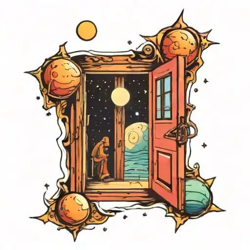 An open door leading to another dimension with stars and planets tattoo design idea