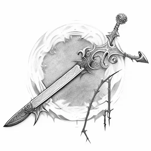 Gothic sword, blood, thorns tattoo design idea