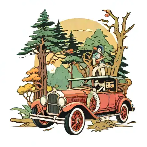 A vintage car cruising through a dense forest with anime characters as passengers tattoo design idea