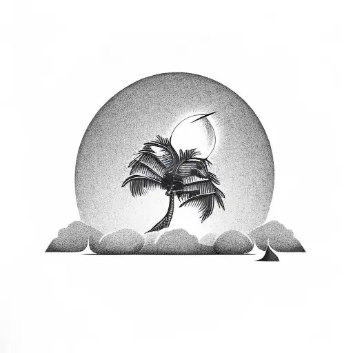 coconut tree silhouette with new moon and star in line tattoo design idea
