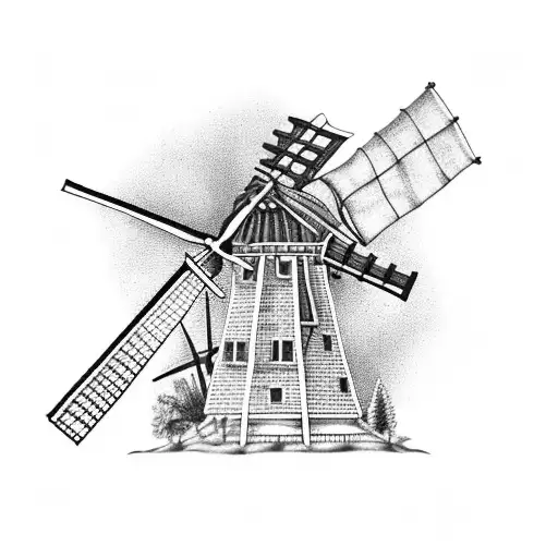A blackwork tattoo of an old fashioned windmill surrounded by cricket bats and a glass of brandy tattoo design idea