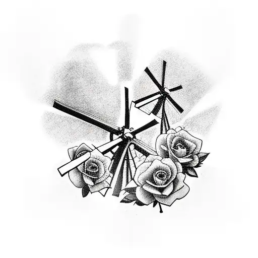 A windmill surrounded by a bouquet of roses tattoo design idea